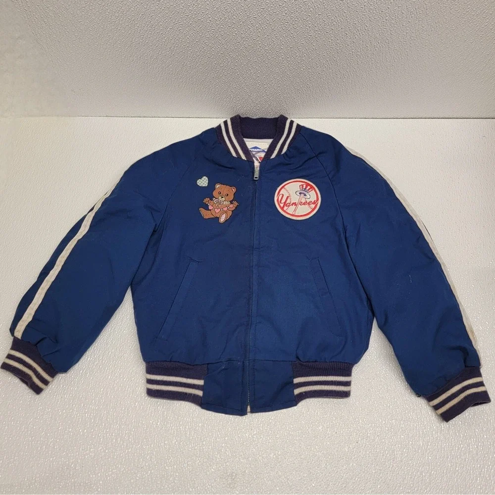 Vtg MLB New York Yankees Teddy Bear Full Zip Track Bomber Jacket Youth Size 7